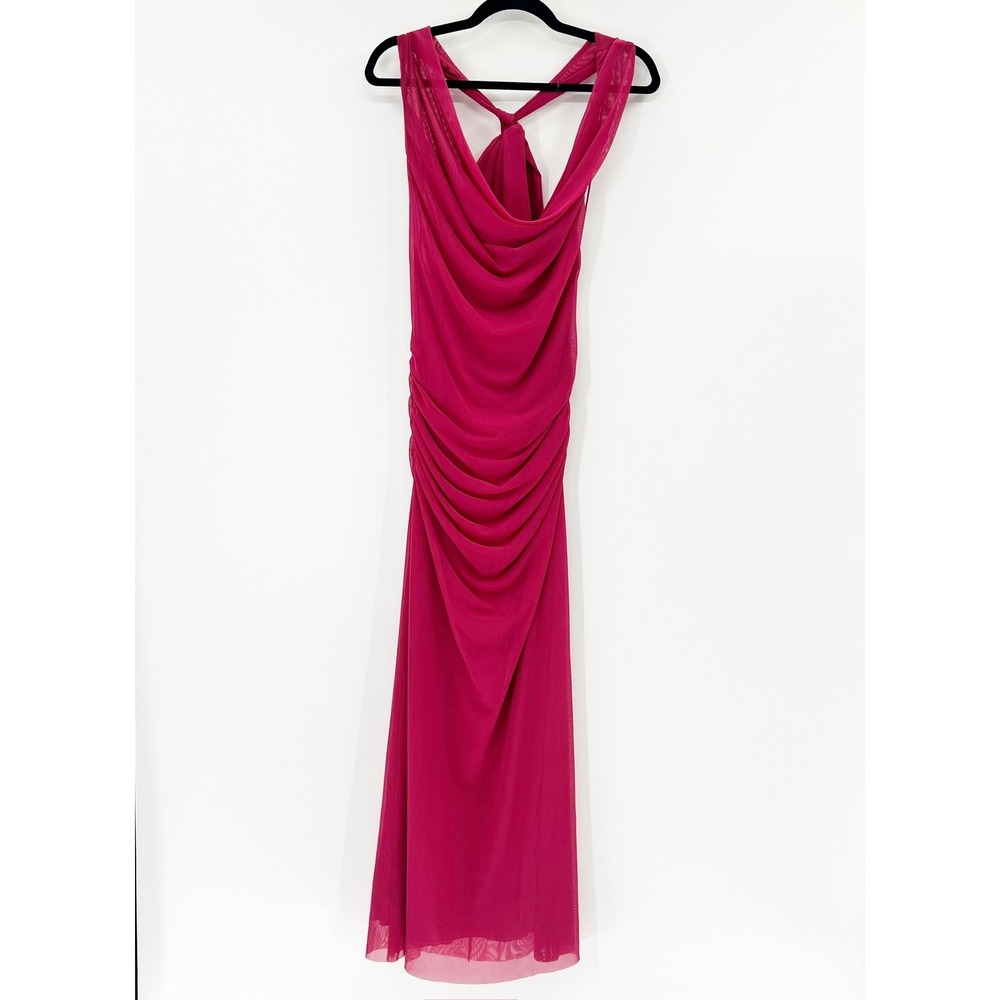 Zara Womens Fuchsia Ruched Mesh Cowl Neck Open Back Midi Dress 5039/369 Size M - Picture 3 of 9
